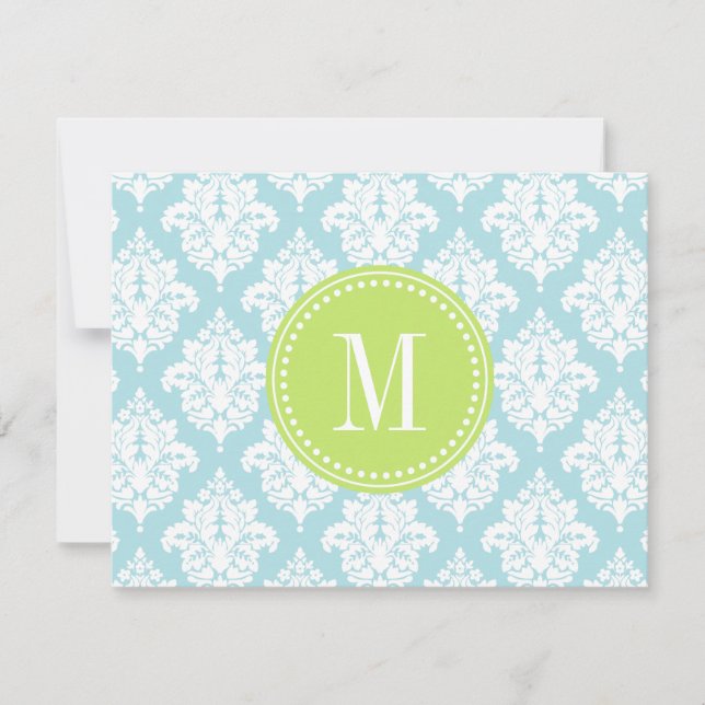 Elegant Baby Blue Damask Personalised Note Card (Front)