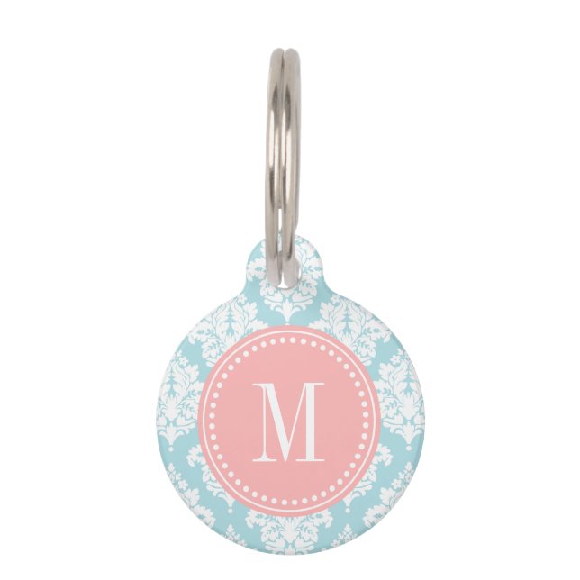 Elegant Baby Blue Damask Personalised Pet Tag (Front)