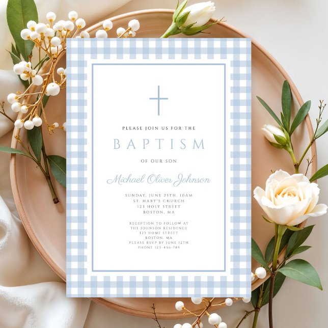 Elegant Baby Blue Gingham Boy Baptism Invitation (Elegant Baby Blue Gingham Boy Baptism Invitation)