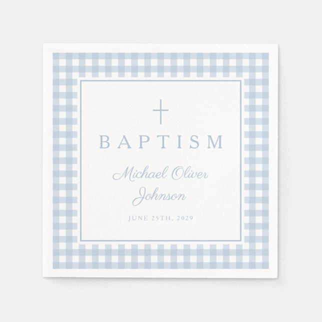 Elegant Baby Blue Gingham Boy Baptism Napkin (Front)