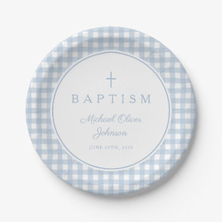 Elegant Baby Blue Gingham Boy Baptism Paper Plate