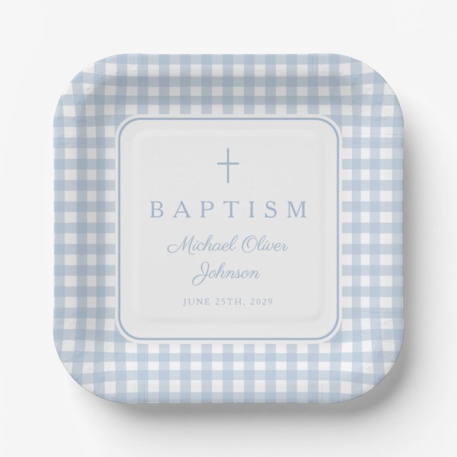 Elegant Baby Blue Gingham Boy Baptism Paper Plate (Front)