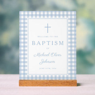 Elegant Baby Blue Gingham Boy Baptism Welcome Acrylic Sign