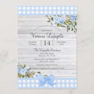 Elegant Baby Blue Gingham Floral Baby Shower Invitation