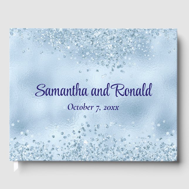 Elegant Baby Blue Glitter and Foil Wedding Guest Book (Front)
