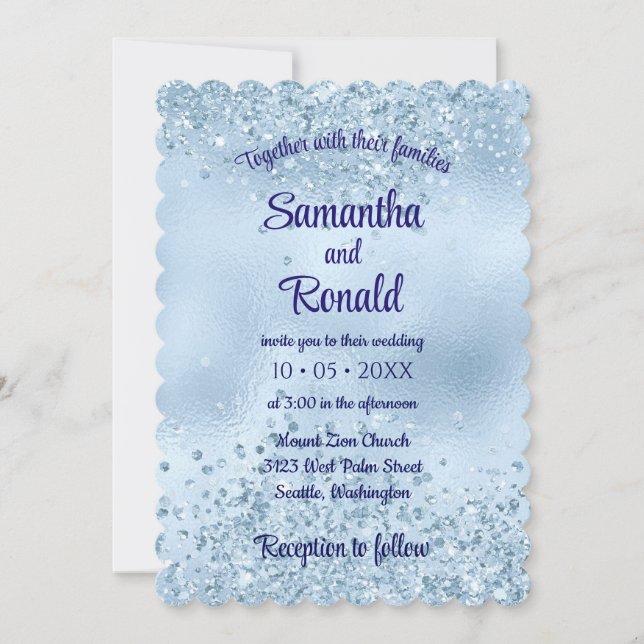 Elegant Baby Blue Glitter and Foil Wedding Invitation (Front)