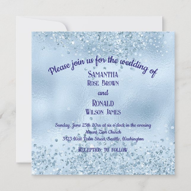Elegant Baby Blue Glitter and Foil Wedding Invitation (Front)