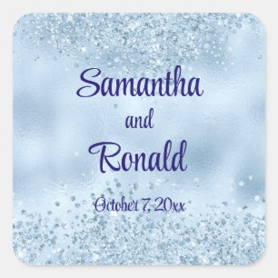 Elegant Baby Blue Glitter and Foil Wedding  Square Sticker