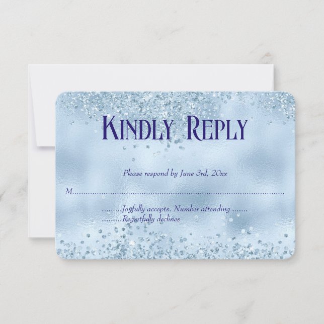 Elegant Baby Blue Glitter & Foil Wedding RSVP card (Front)