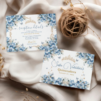 Elegant Baby Blue Gold Quinceañera Princess Bow Enclosure Card