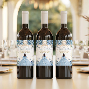 Elegant Baby Blue Gold Quinceañera Princess Bow Wine Label