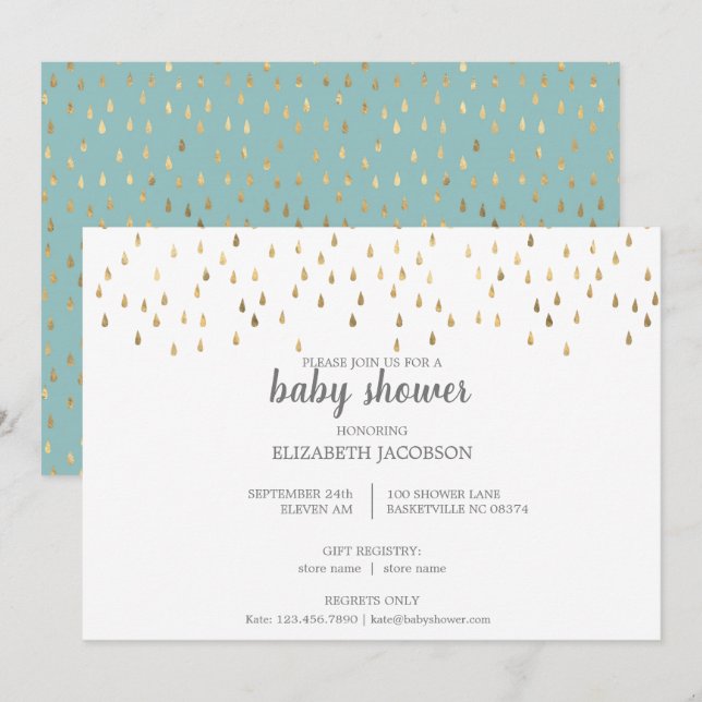 Elegant Baby Blue & Gold Raindrops Baby Shower Invitation (Front/Back)