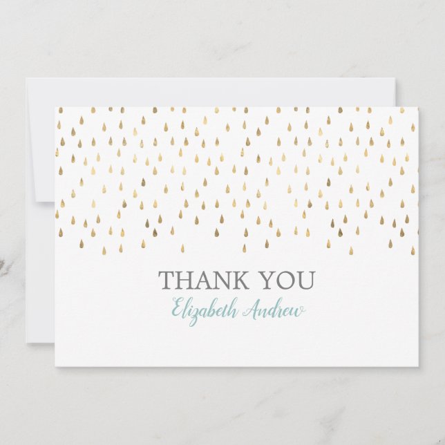 Elegant Baby Blue & Gold Raindrops Baby Shower Thank You Card (Front)
