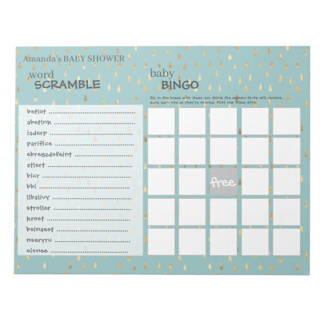 Elegant Baby Blue & Gold Raindrops Shower Games Notepad (Front)