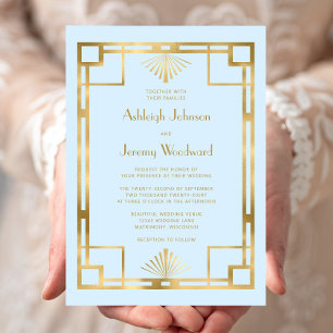 Elegant Baby Blue Gold Vintage 1920s Deco Wedding Invitation