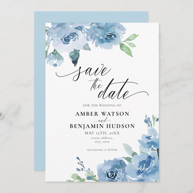 Elegant Baby Blue Light Boho Floral Save The Date Invitation (Front/Back)