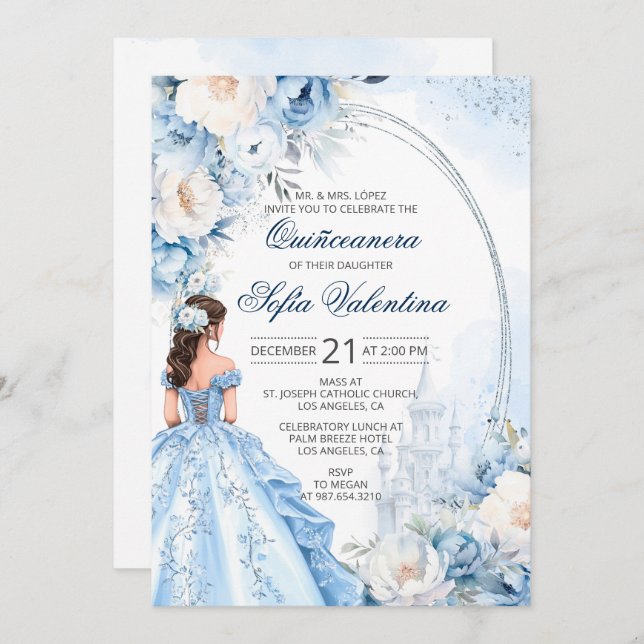 Elegant Baby Blue Quinceañera Invitation (Front/Back)