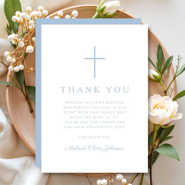 Elegant Baby Blue Religious Cross Baptism Thank You Card (Elegant Baby Blue Religious Cross Baptism Thank You Card)