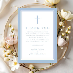 Elegant Baby Blue Religious Cross Baptism Thank You Card