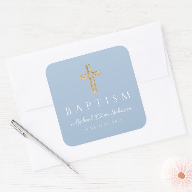Elegant Baby Blue Religious Cross Boy Baptism Square Sticker (Envelope)