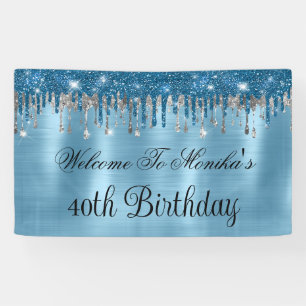 Elegant Baby Blue Sparkle Glitter Drips Birthday  Banner