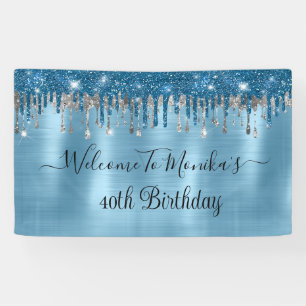 Elegant Baby Blue Sparkle Glitter Drips Birthday  Banner