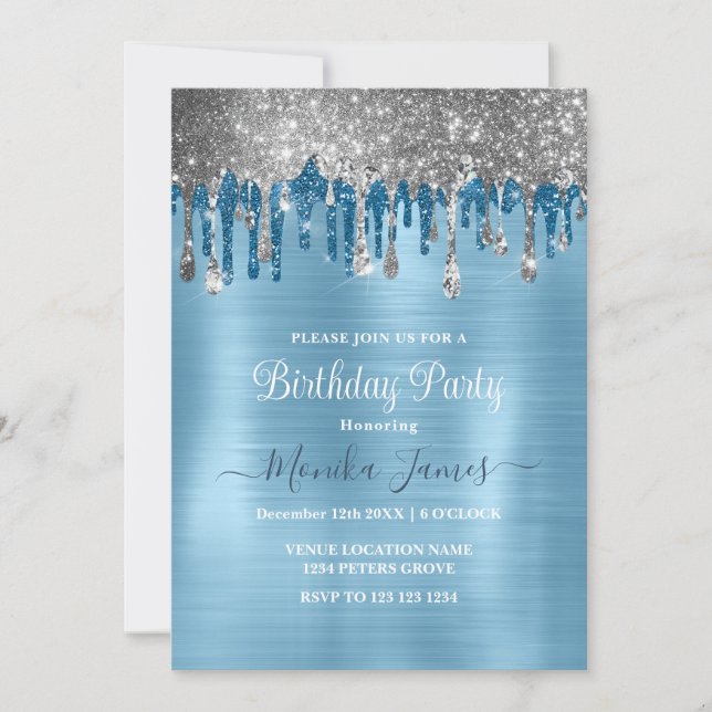Elegant Baby Blue Sparkle Glitter Drips Birthday  Invitation (Front)