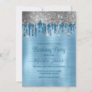 Elegant Baby Blue Sparkle Glitter Drips Birthday  Invitation