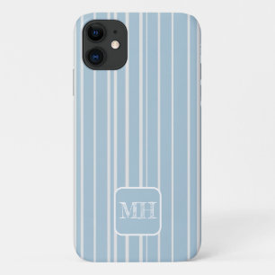 Elegant baby blue striped monogrammed iPhone 11 case