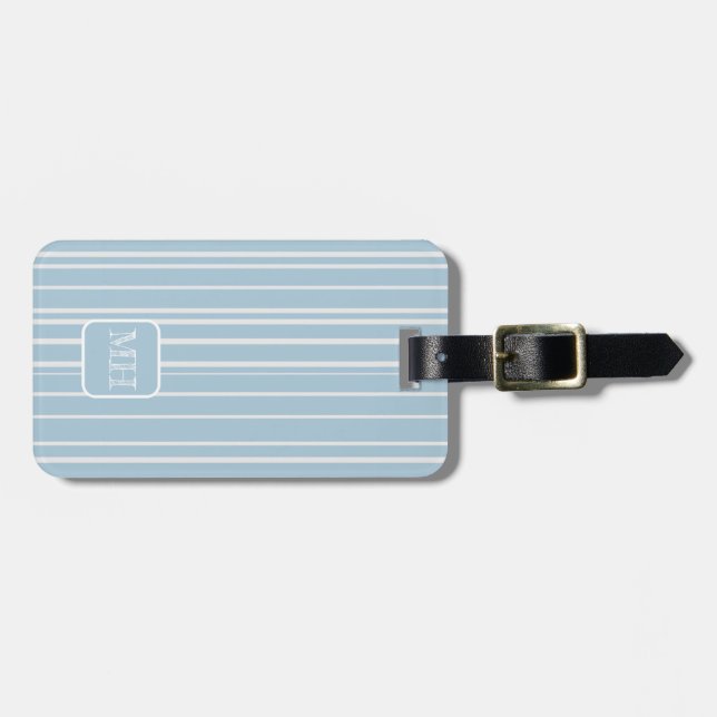 Elegant baby blue striped monogrammed luggage tag (Front Horizontal)