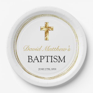 Elegant Baby Boy Baptism White & Gold Cross Paper Plate