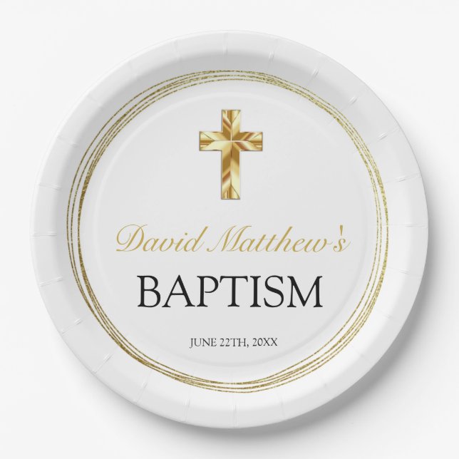 Elegant Baby Boy Baptism White & Gold Cross  Paper Plate (Front)