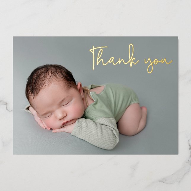 Elegant Baby Boy birth Photo Thank you Script Foil Holiday Card (Front)