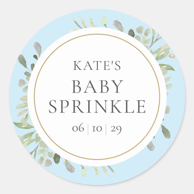Elegant Baby Boy Sprinkle Watercolour Greenery Classic Round Sticker (Front)