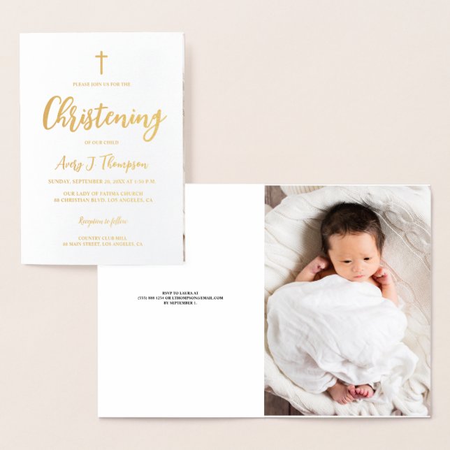Elegant Baby Christening Custom Photo Foil Card (Display)