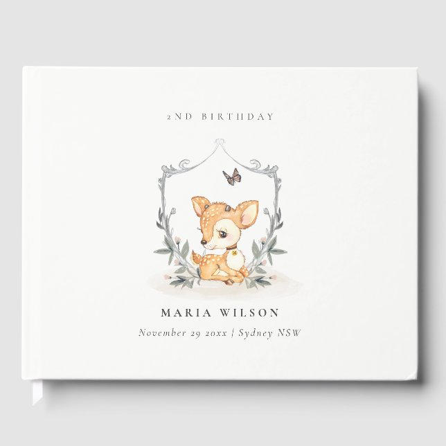  Elegant Baby Deer Floral Crest Any Age Birthday Guest Book (Front)