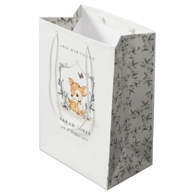 Elegant Baby Deer Floral Crest Any Age Birthday Medium Gift Bag (Back Angled)