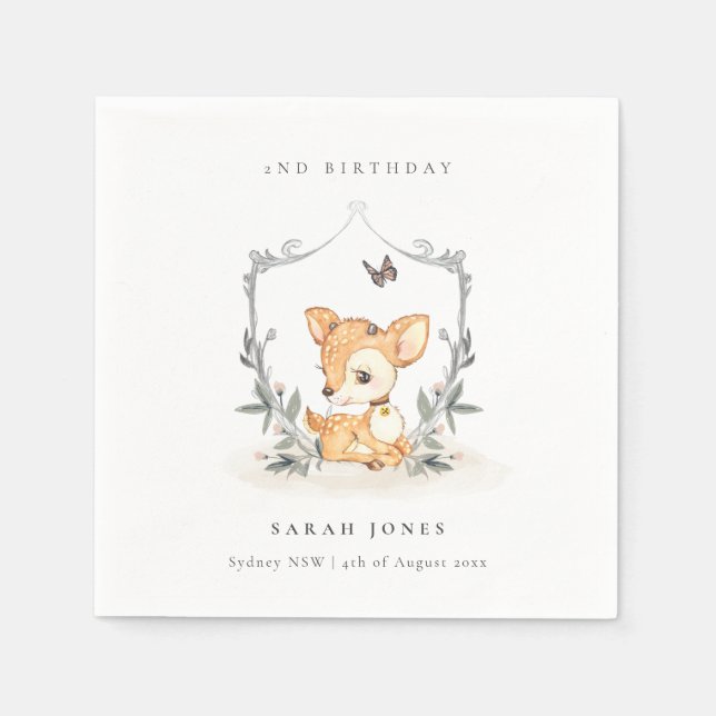 Elegant Baby Deer Floral Crest Any Age Birthday Napkin (Front)