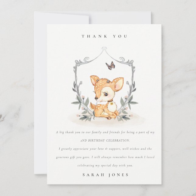 Elegant Baby Deer Floral Crest Any Age Birthday Thank You Card (Front)