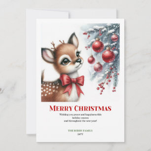 Elegant Baby Deer Snowy Forest Watercolor Xmas Holiday Card