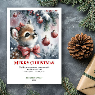 Elegant Baby Fawn Winter Scene Watercolor Greeting Holiday Card