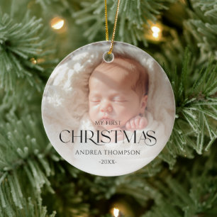 Elegant Baby First Christmas Dual Photo Ceramic Tree Decoration