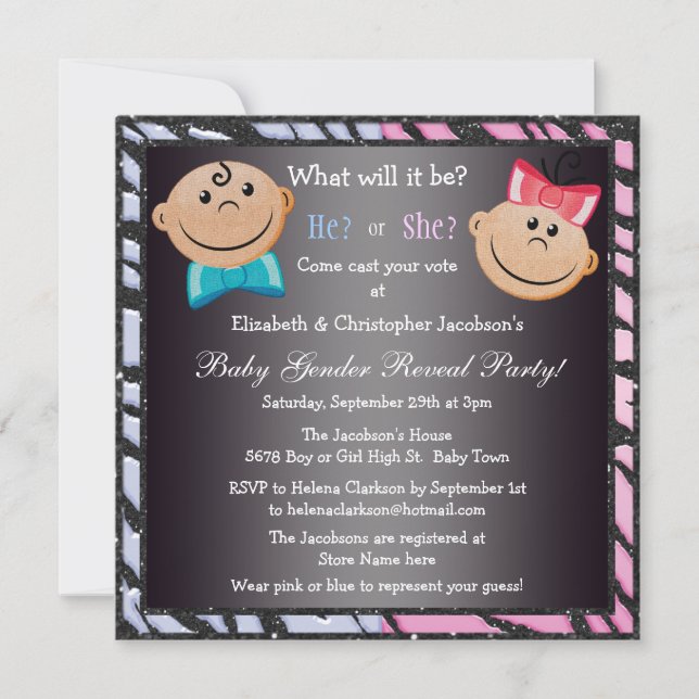 Elegant Baby Gender Reveal Babies & Zebra Print Invitation (Front)