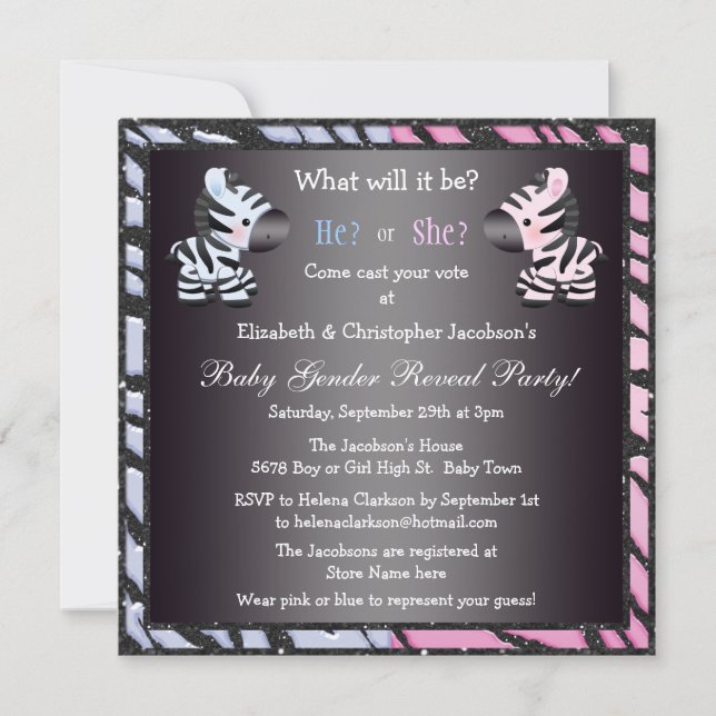 Elegant Baby Gender Reveal Zebras & Animal Print Invitation (Front)