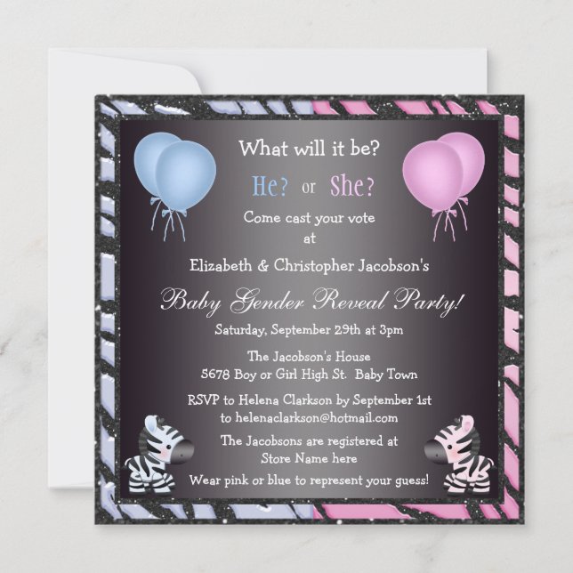 Elegant Baby Gender Reveal Zebras & Balloons Invitation (Front)