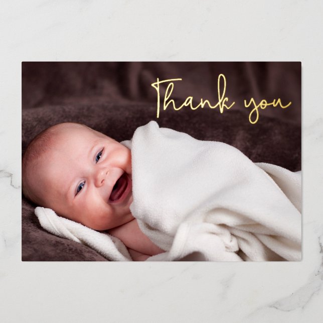 Elegant Baby Girl birth Photo Thank you Script  Foil Holiday Card (Front)