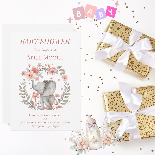 Elegant Baby Girl Elephant Baby Shower Invitation (Cute Baby Girl Baby Shower Invitation)