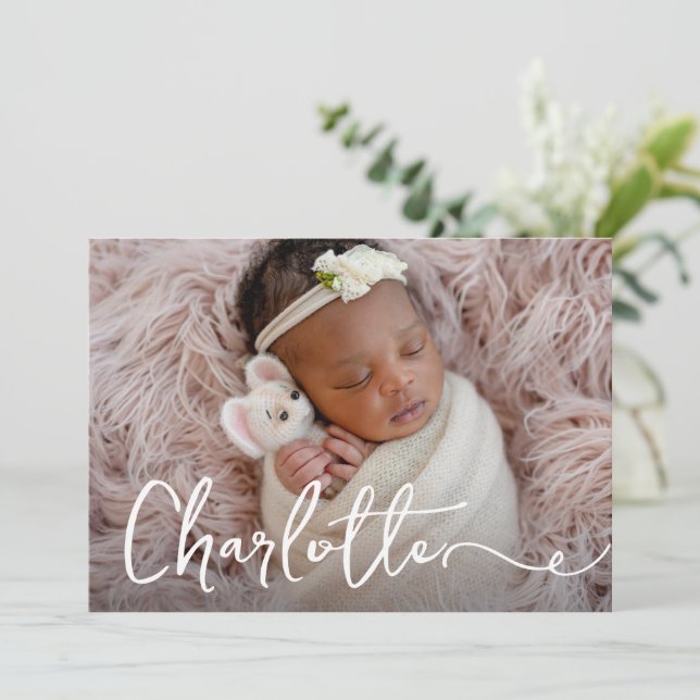 Elegant Baby girl name Custom photo Birth Thank You Card (Standing Front)
