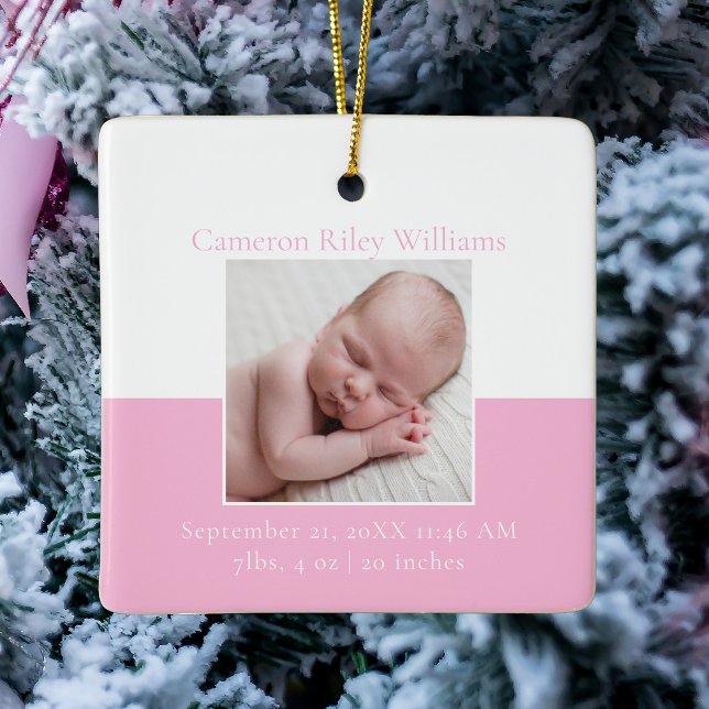 Elegant Baby Girl Newborn Photo Pink Christmas Ceramic Ornament (Creator Uploaded)