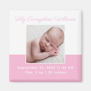 Elegant Baby Girl Photo Pink Birth Announcement Magnet